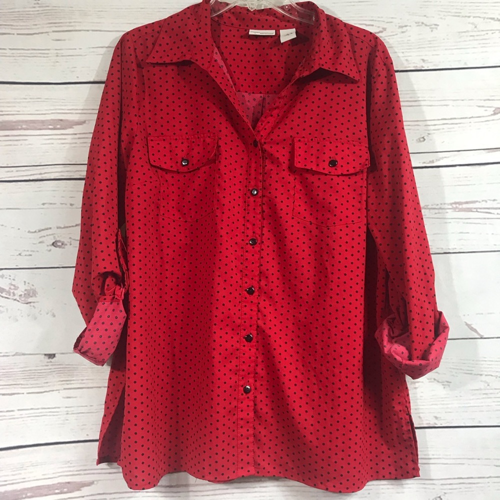 Kim Rogers polka dot red and black blouse